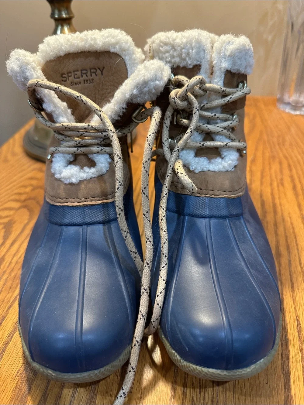 Sperry Navy and Tan Faux-Shearling Lace-Up Winter Boots